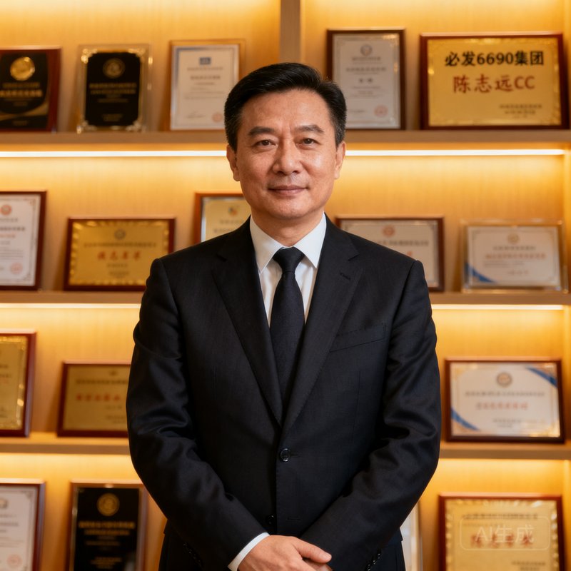 必发6690集团创始人兼CEO陈志远先生身着深色西装，神情坚定而温和，背景为公司荣誉墙。